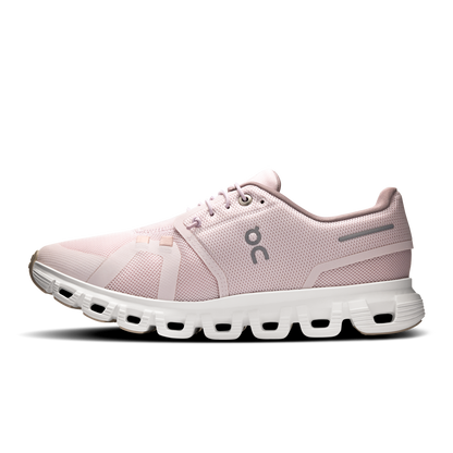 Cloud 6 W Orchid/Fade running shoe, side view with ON logo, lace-up front, white sole