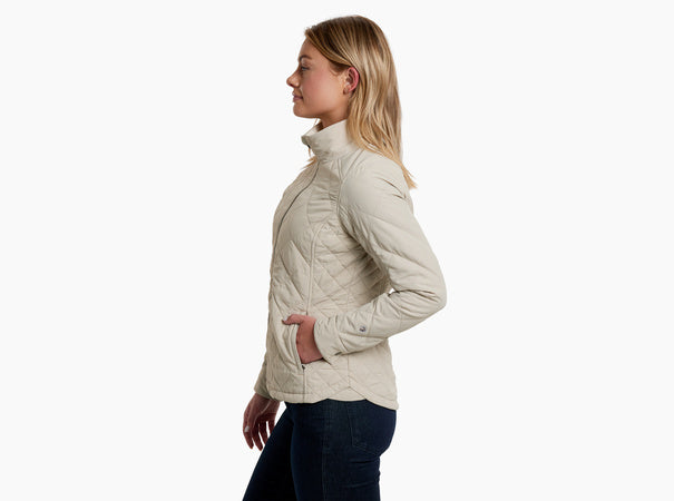 W'S Stunnr Insulated Jacket in beige quilted softshell with cozy flannel lining by KUHL