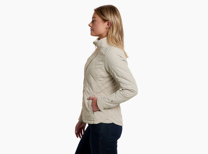 W'S Stunnr Insulated Jacket in beige quilted softshell with cozy flannel lining by KUHL