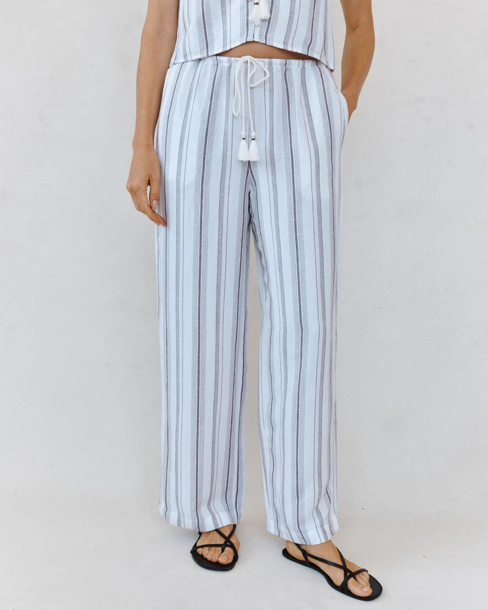 Beach Pant with Tasssel Drawstring - Rosewood Stripe relaxed striped straight leg pants by BELLA DAHL