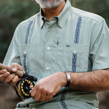 Guayabera Libre - Marea green geometric moisture-wicking short sleeve fishing shirt by TEXAS STANDARD