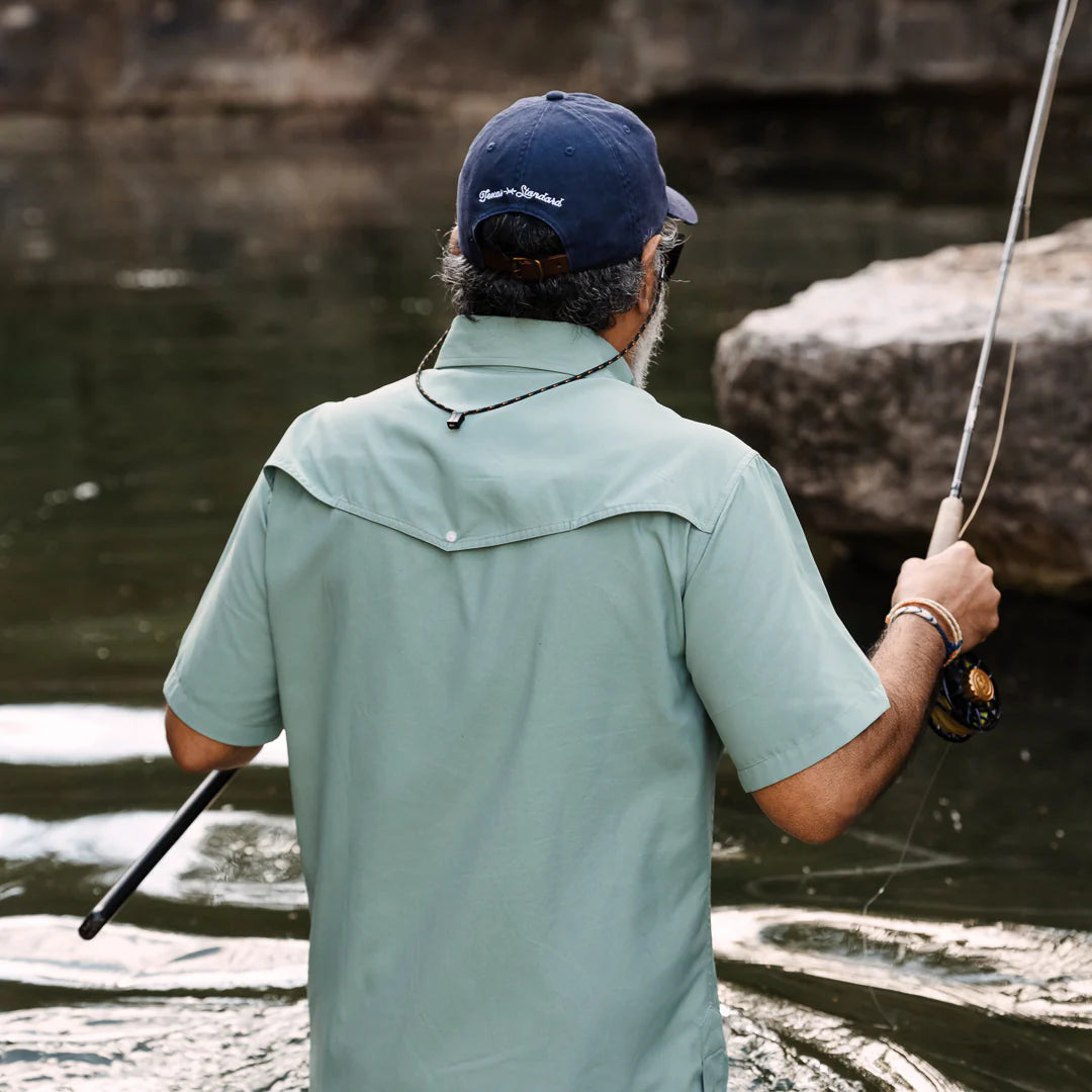 Guayabera Libre - Marea green geometric short sleeve fishing shirt by TEXAS STANDARD