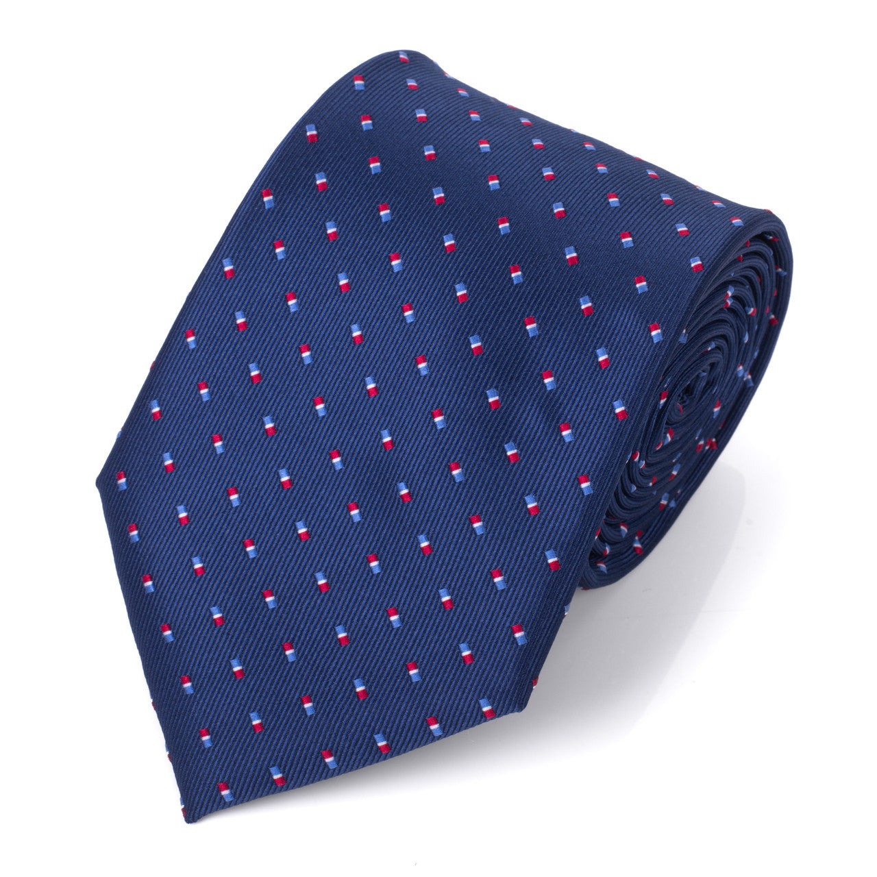 Men's Tie 5981 in navy microfiber with geometric red and white dots by SELINI NEW YORK HCO Ties