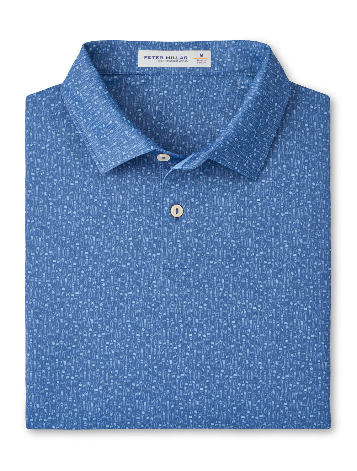 Featherweight Headcovers Performance Polo in blue with subtle custom pattern, moisture wicking, UPF 50+