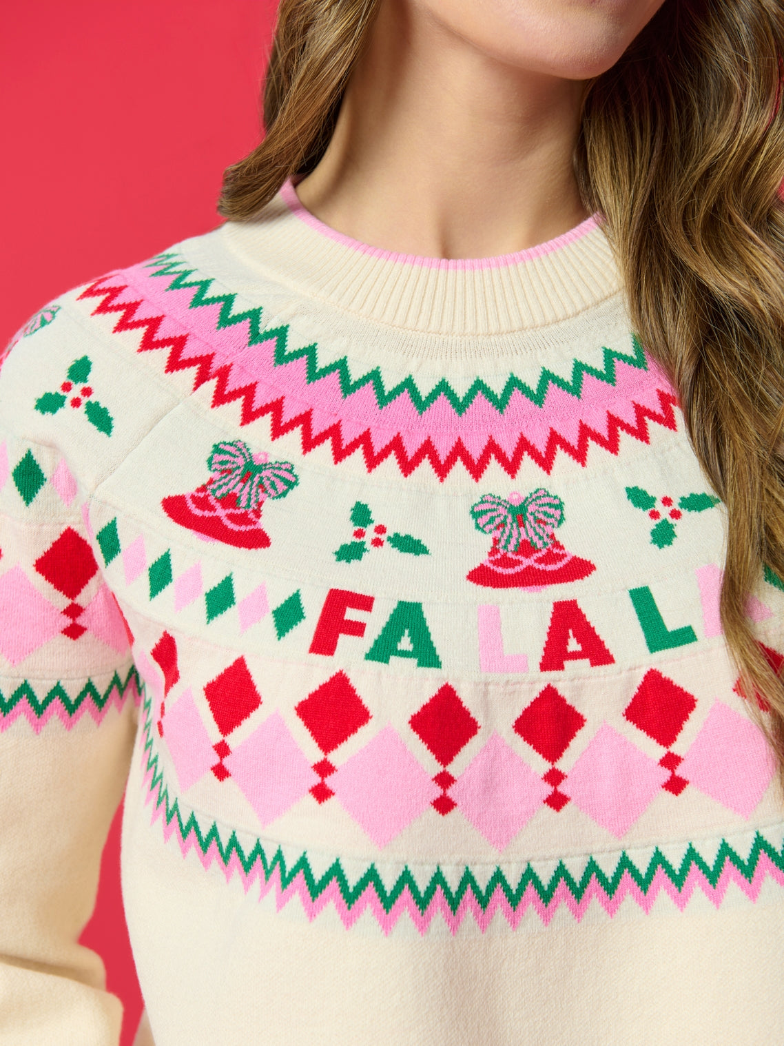 Fair Isle Double Knit Boxy Sweater with festive pink and beige diamond pattern by SHIRALEAH