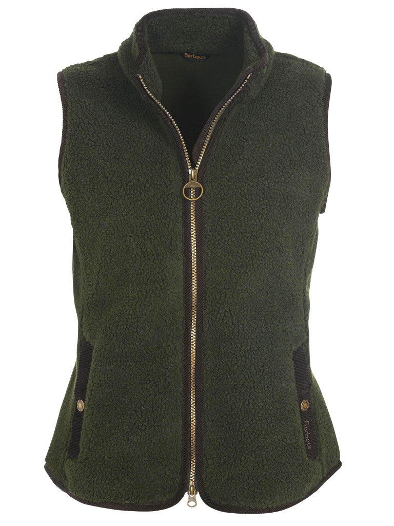 Burford Fleece sherpa vest in dark green with brown trim, cozy layering from BARBOUR INC.