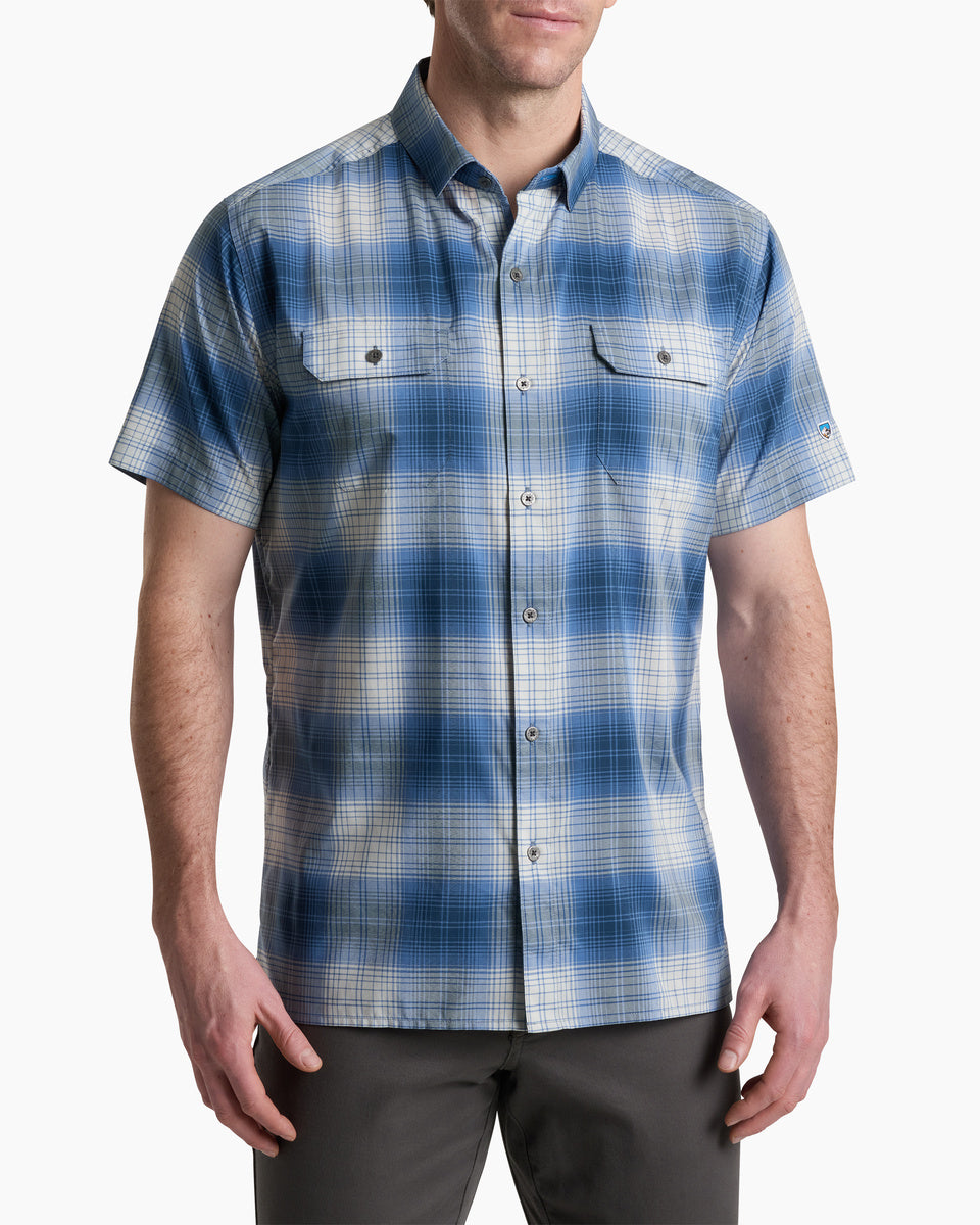 Response SS - Shoreline in grey and blue plaid with quick-dry, UV protection, curated Fredericksburg TX