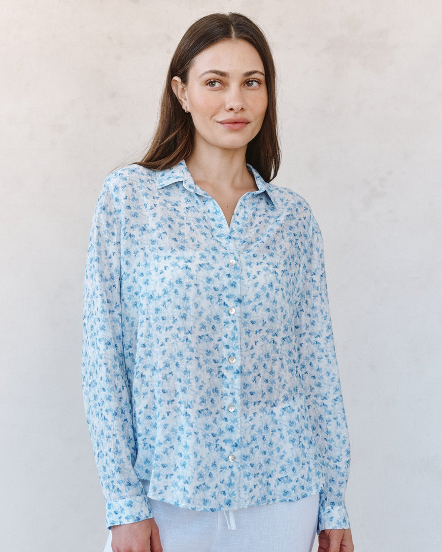 Classic Button Down Shirt - Blue Ditsy Floral Print