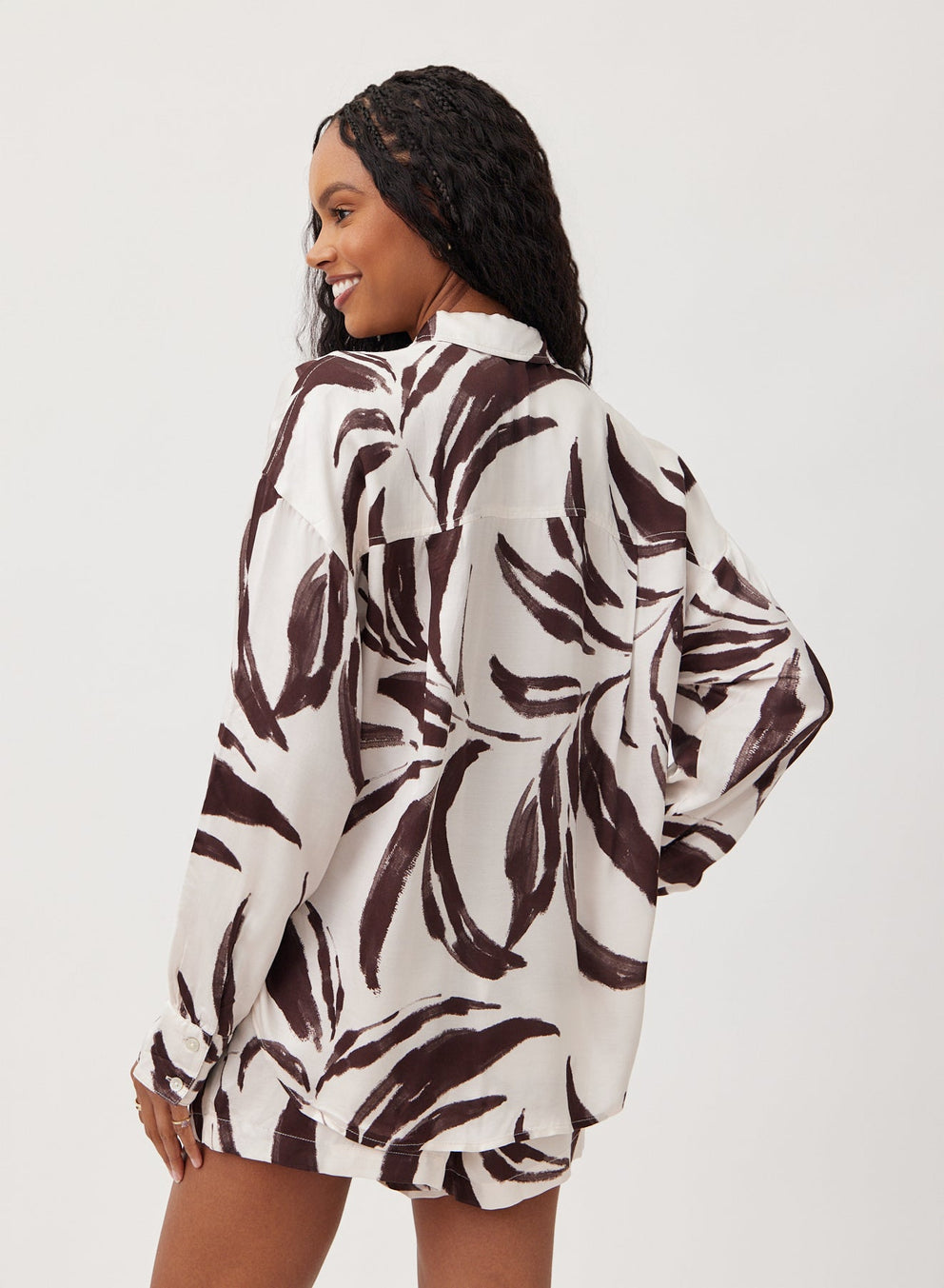 Oversized button-down shirt back view, Moroccan Palm Print; white with dark brown pattern