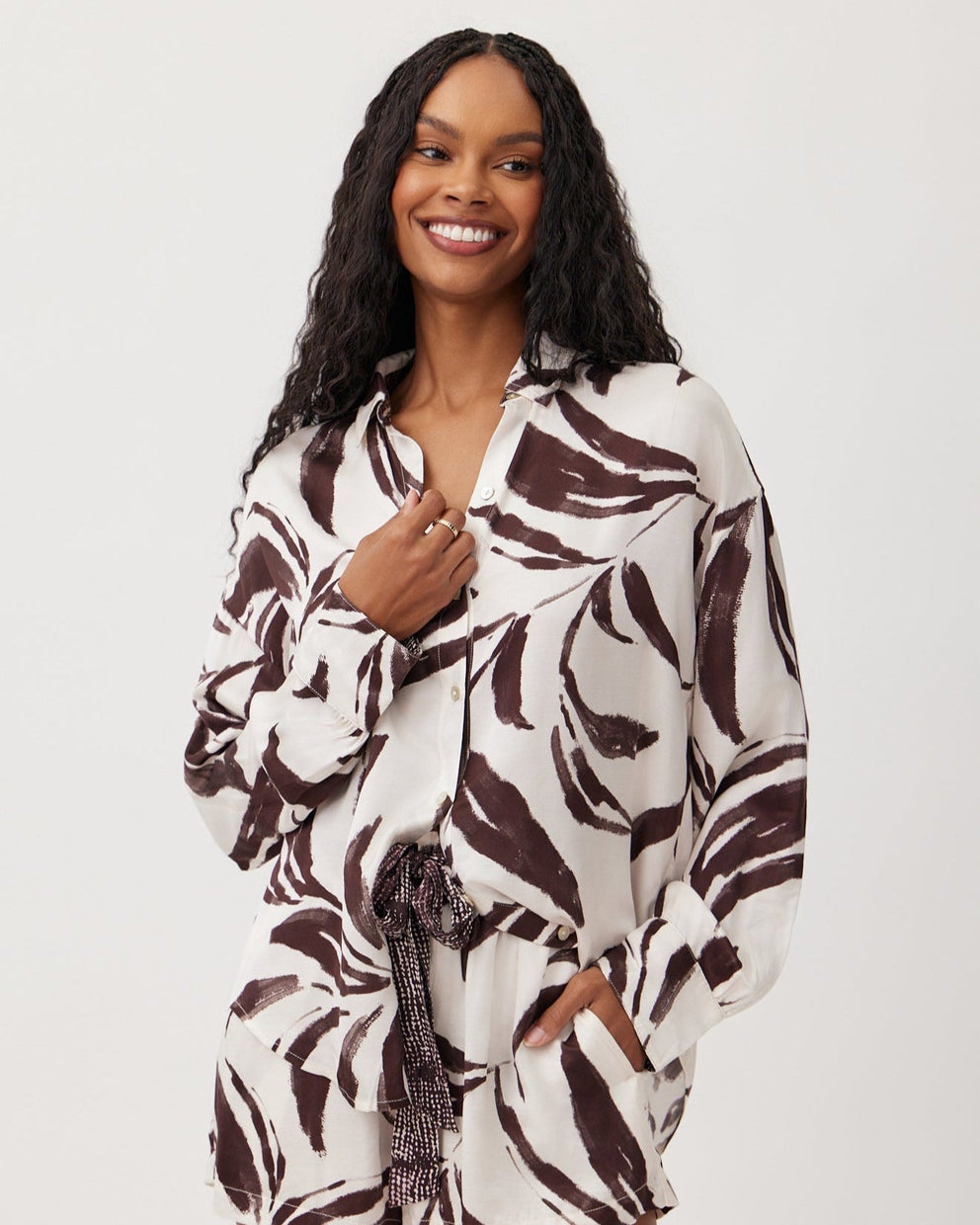 Oversized button-down shirt, Moroccan Palm Print; white with dark brown leaf pattern