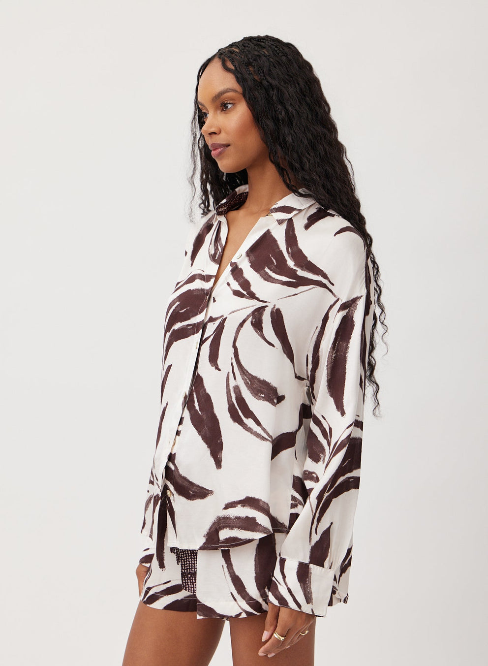 Oversized button-down shirt in Moroccan Palm Print, side view; white & dark brown