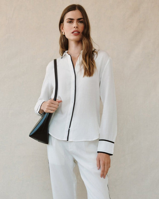 Contrast Trim Shirt in off-white with black button placket and collar trim