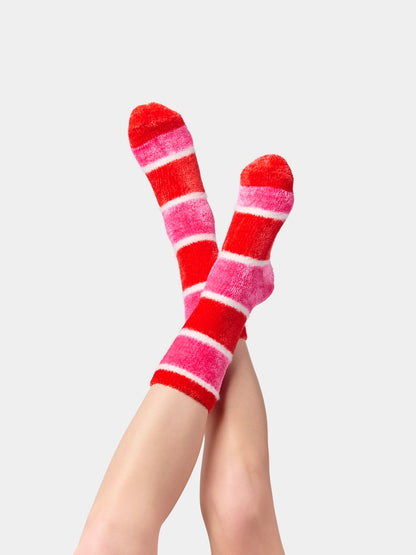 Fuzzy Stripe Socks in red and pink plush stripes, cozy comfort, SHIRALEAH at HCO Women's Arrivals