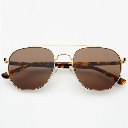 Austin Unisex Sunglasses with gold frame and brown tinted lenses (FREYRS EYEWEAR).