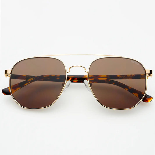 Austin Unisex Sunglasses with gold frame and brown tinted lenses (FREYRS EYEWEAR).
