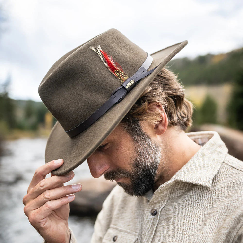 Crushable Felt Outback brown wool felt hat with leather band and feather detail, men's style