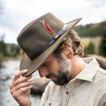 Crushable Felt Outback brown wool felt hat with leather band and feather detail, men's style