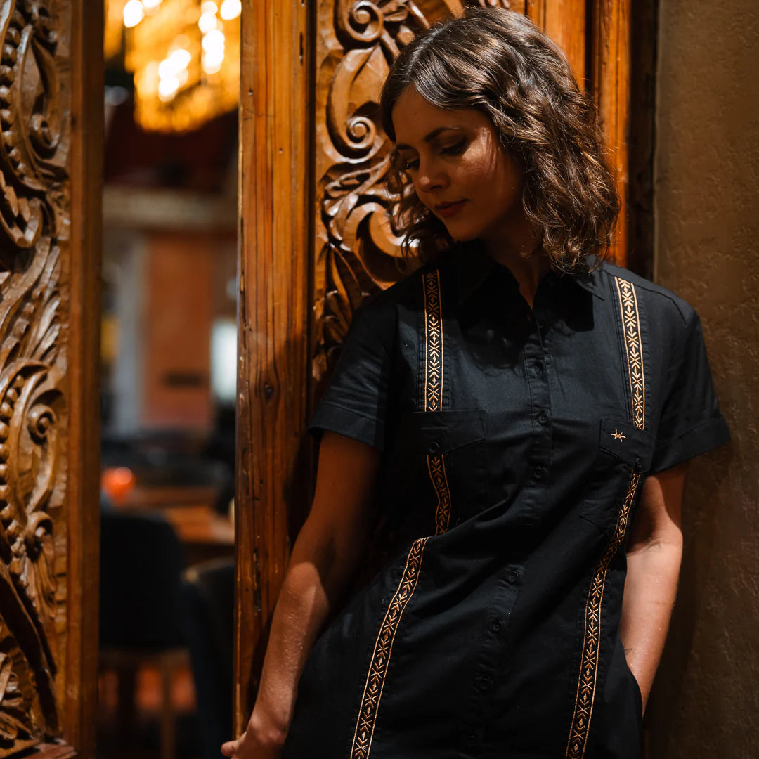 Tejas Guayabera Dress - Diablo Oro black stretch cotton with embroidered vertical detailing by TEXAS STANDARD