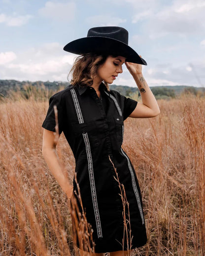 Tejas Guayabera Dress - Diablo Plata black stretch cotton with embroidered vertical trim by TEXAS STANDARD