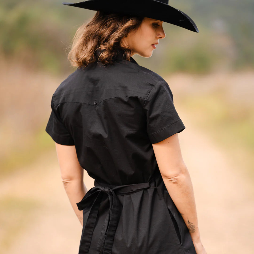Tejas Guayabera Dress - Diablo Plata black stretch cotton with waist tie, Texas Standard