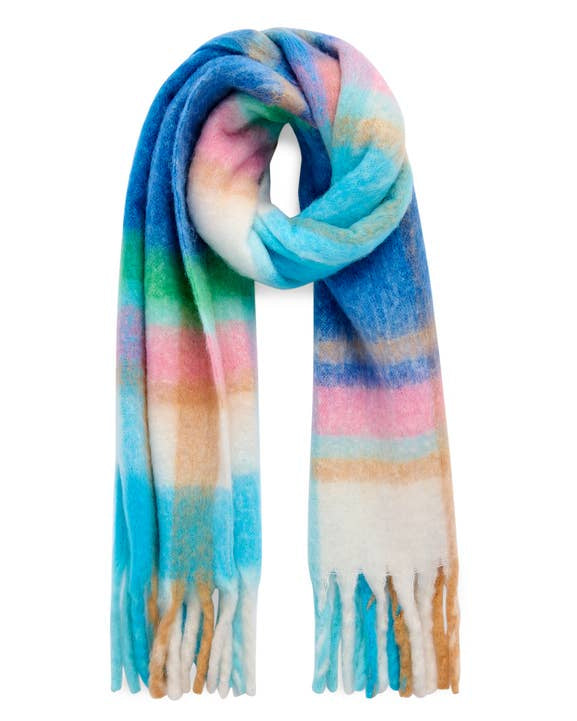 Lola Scarf with soft tie-dye stripes in blue, pink, green, and tan by SHIRALEAH