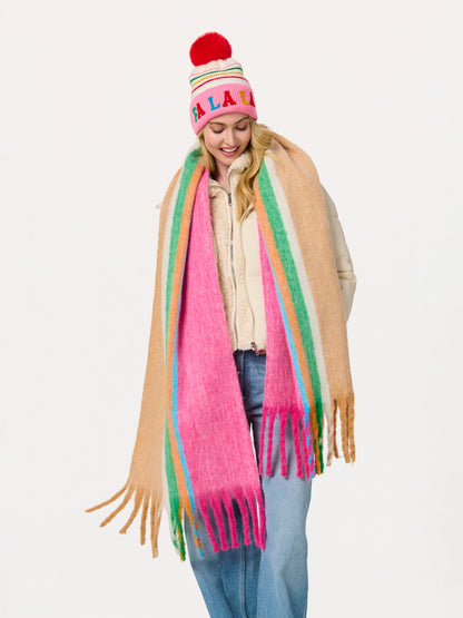 Mina Scarf with bold pink, tan, green, and blue stripes and fringed edges at HCO FBG