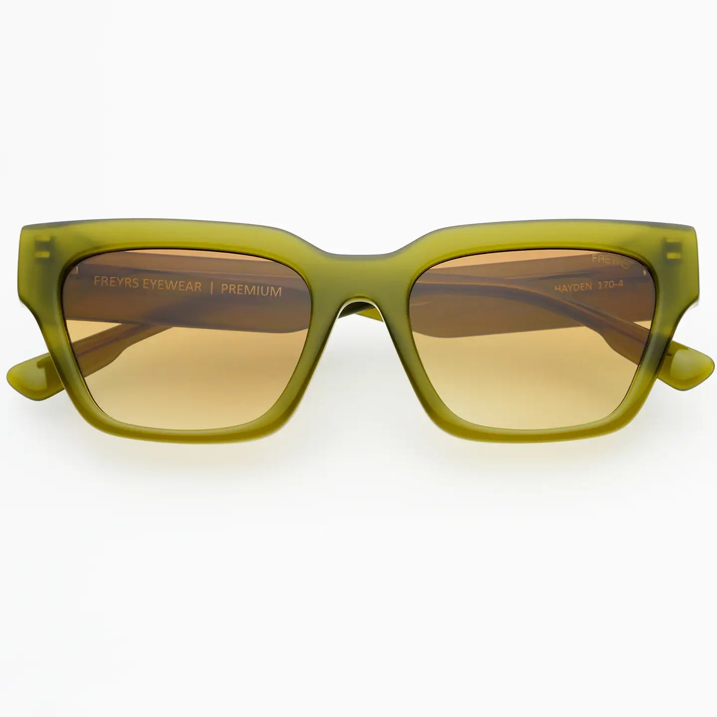 Green sunglasses with brown lenses on a white background