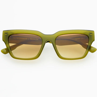 Green sunglasses with brown lenses on a white background