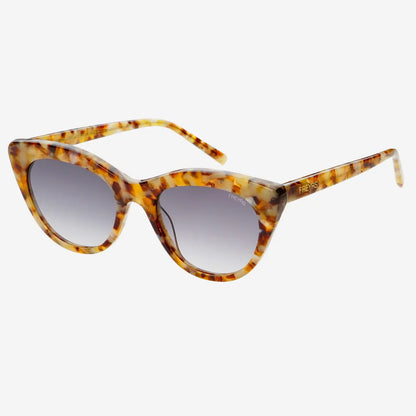 Cat-eye sunglasses with tortoiseshell frame and gray lenses, side view