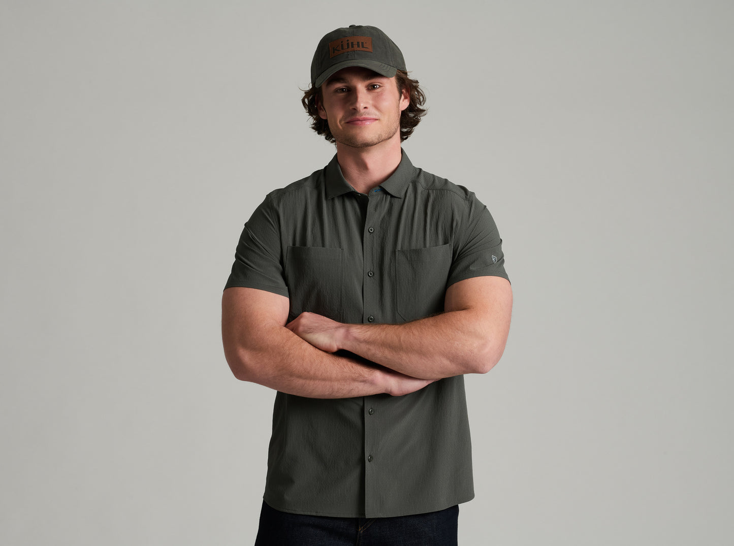 Edge SS men's short sleeve shirt in gray with stretch, UV protection, and moisture wicking