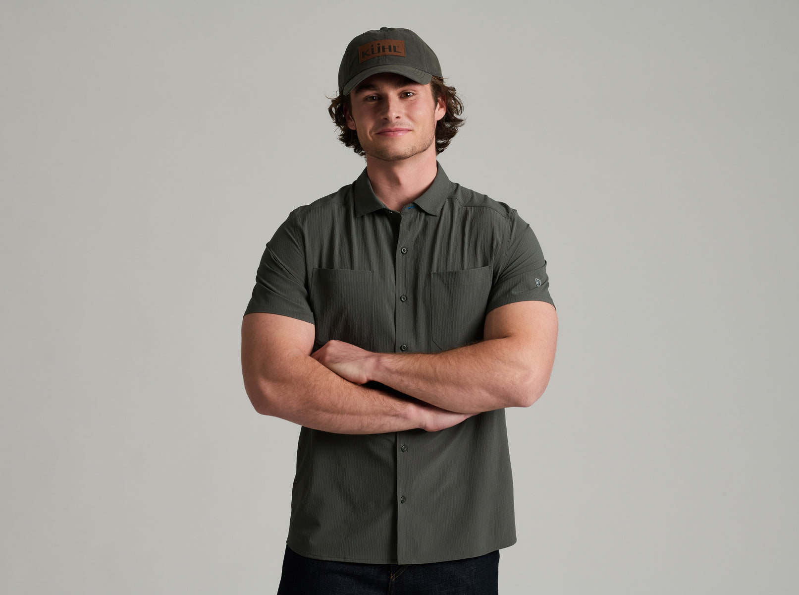 Edge SS men's short sleeve shirt in gray with stretch, UV protection, and moisture wicking