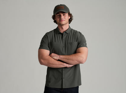 Edge SS men's short sleeve shirt in gray with stretch, UV protection, and moisture wicking