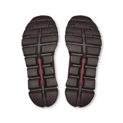 Pair of dark athletic shoe soles on a black background