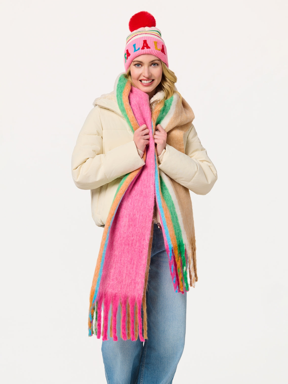 Mina Scarf with vibrant pink and rainbow stripes, oversized fringe, styled for Hill Country flair
