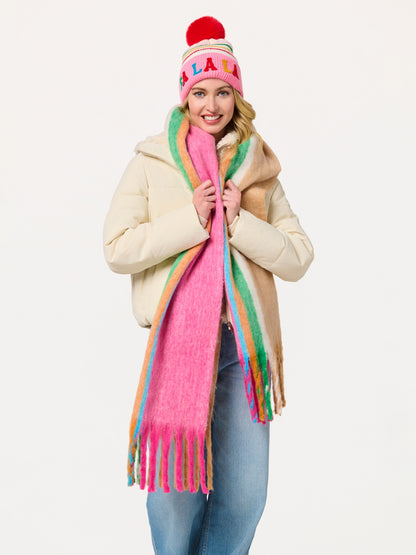 Mina Scarf with vibrant pink and rainbow stripes, oversized fringe, styled for Hill Country flair