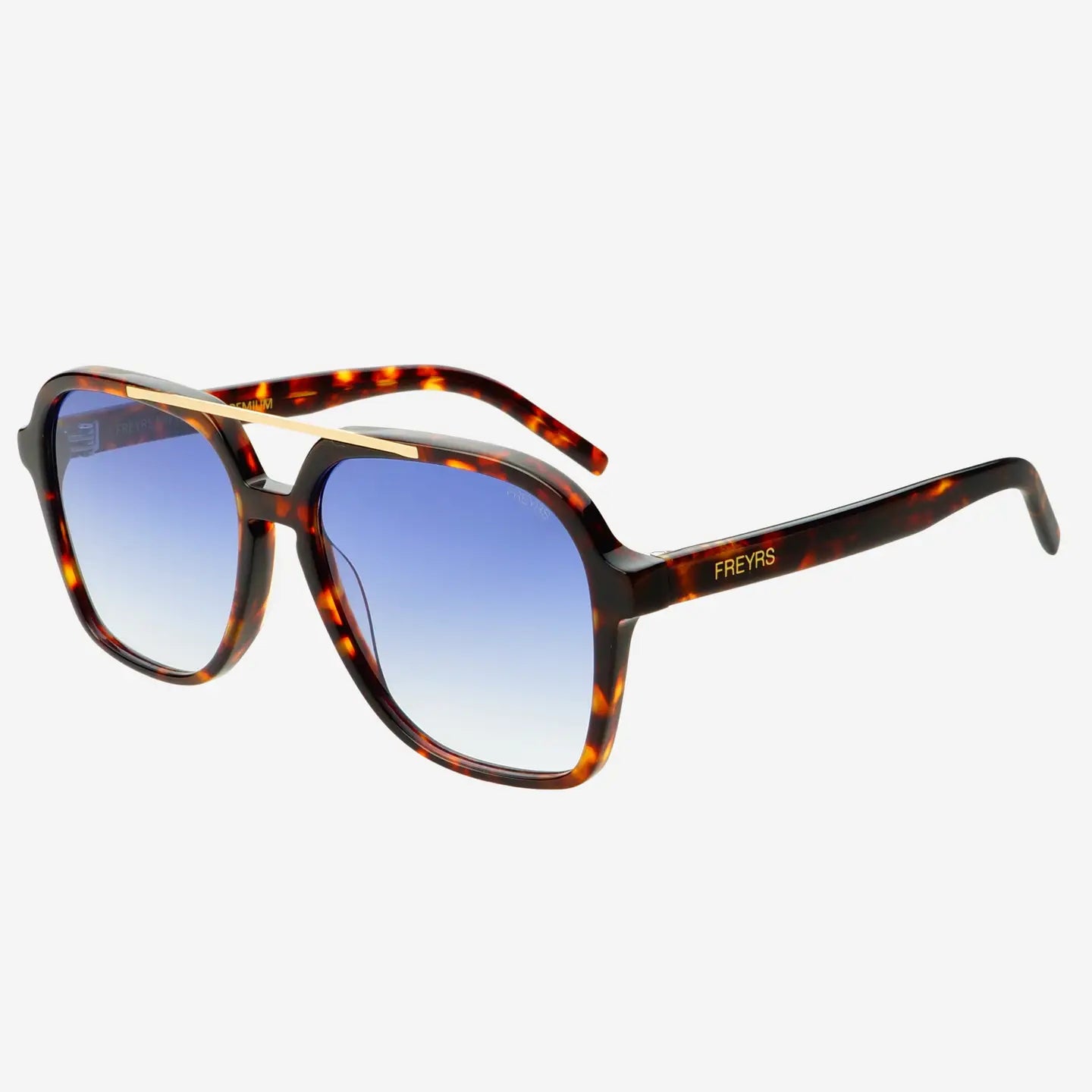 Tortoise/blue aviator sunglasses side view, slim arms with blue lenses