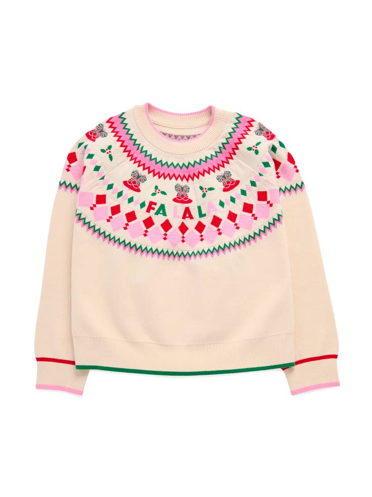 Fair Isle Double Knit Boxy Sweater in beige and pink with festive knit pattern by SHIRALEAH