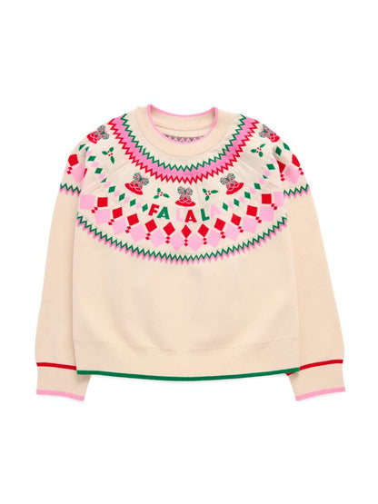 Fair Isle Double Knit Boxy Sweater in beige and pink with festive knit pattern by SHIRALEAH