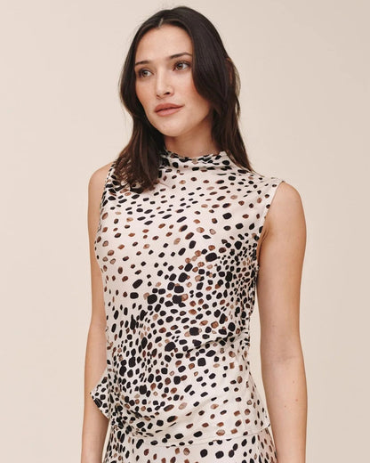 Fitted Cowl Neck Top - Painted Spots Print