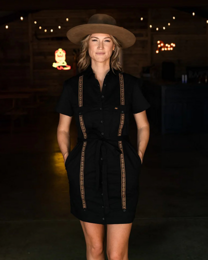 Tejas Guayabera Dress - Diablo Oro in black stretch cotton with embroidered trim by TEXAS STANDARD