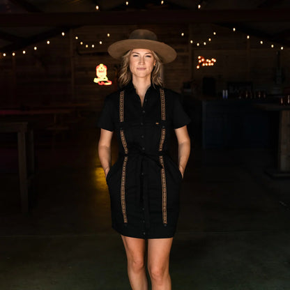 Tejas Guayabera Dress - Diablo Oro in black stretch cotton with embroidered vertical trim by TEXAS STANDARD