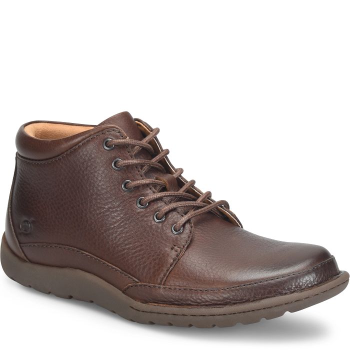 Brown leather Nigel boot side view with lace-up eyelets and cushioned collar