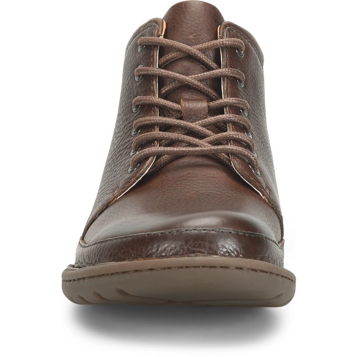 Nigel boot front view with brown laces, metal eyelets, and rounded toe