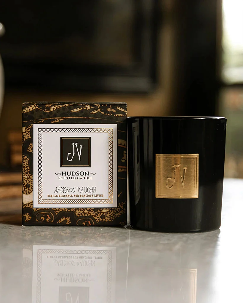 Hudson Candle in black glass with gold emblem and artisan box by JACKSON VAUGHN Candles HCO