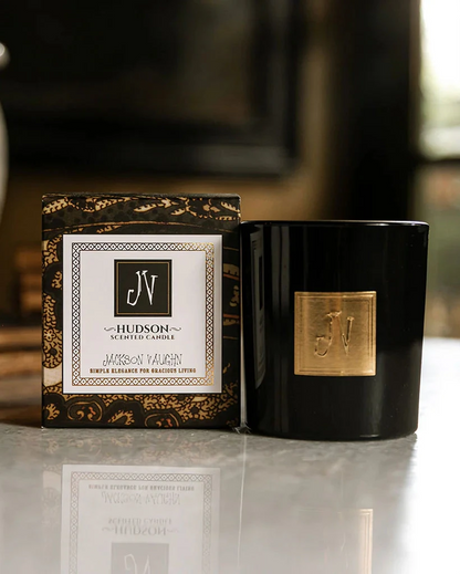 Hudson Candle in black glass with gold emblem and artisan box by JACKSON VAUGHN Candles HCO