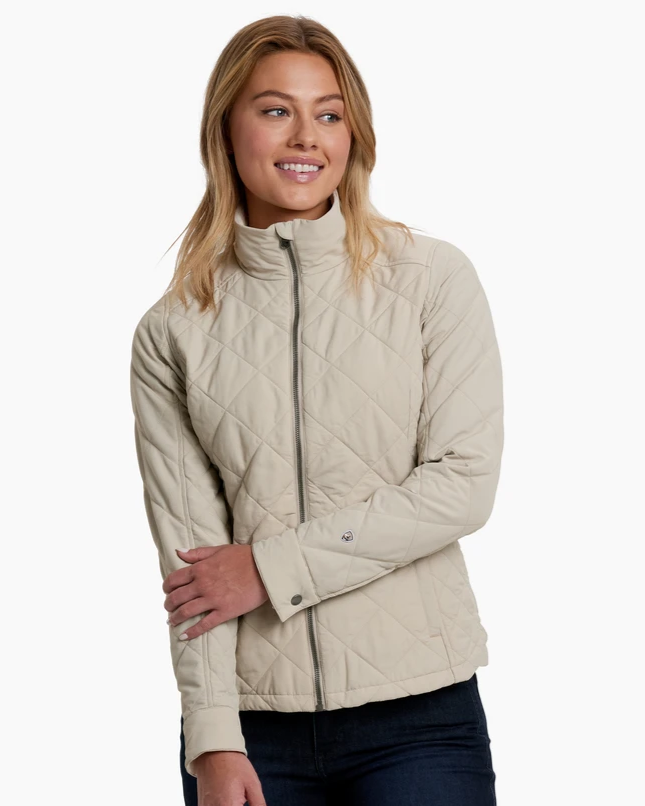 W'S Stunnr Insulated Jacket in beige quilted abrasion-resistant fabric by KUHL, Fredericksburg TX