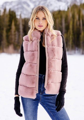 Rosewood faux-fur vest, sleeveless, snap front and stand collar
