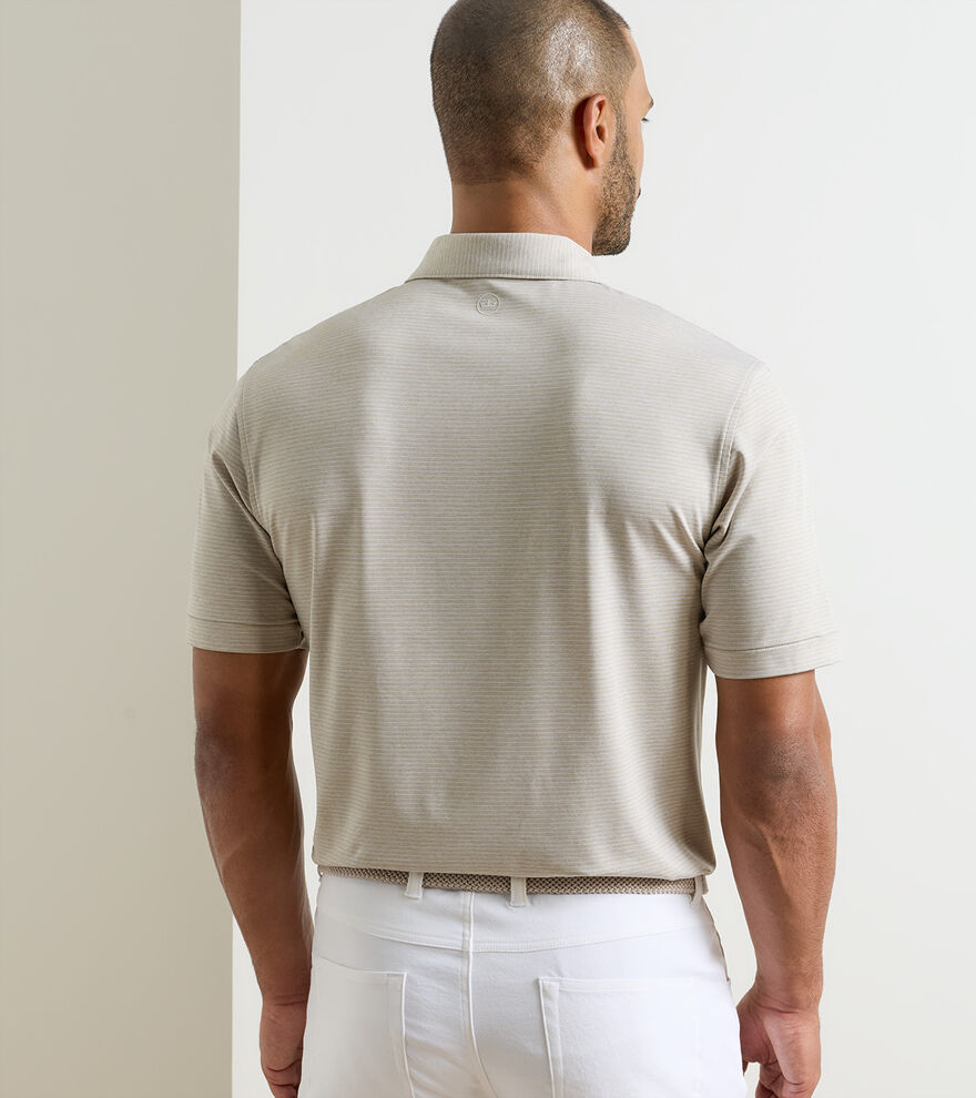 Highlands Performance Jersey Polo in beige stripe with moisture wicking and UPF 50+ protection