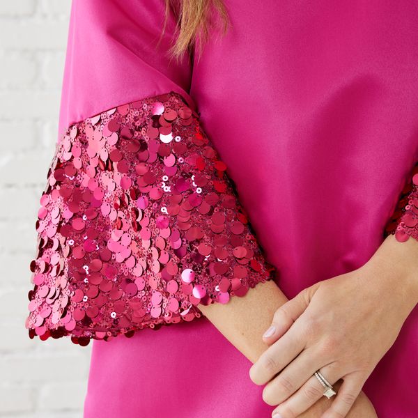 Keri Sparkle Dress Fuschia with shimmering sequin-embellished sleeves, tailored fit by CARYN LAWN