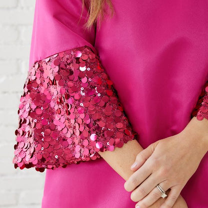 Keri Sparkle Dress Fuschia with shimmering sequin-embellished sleeves, tailored fit by CARYN LAWN